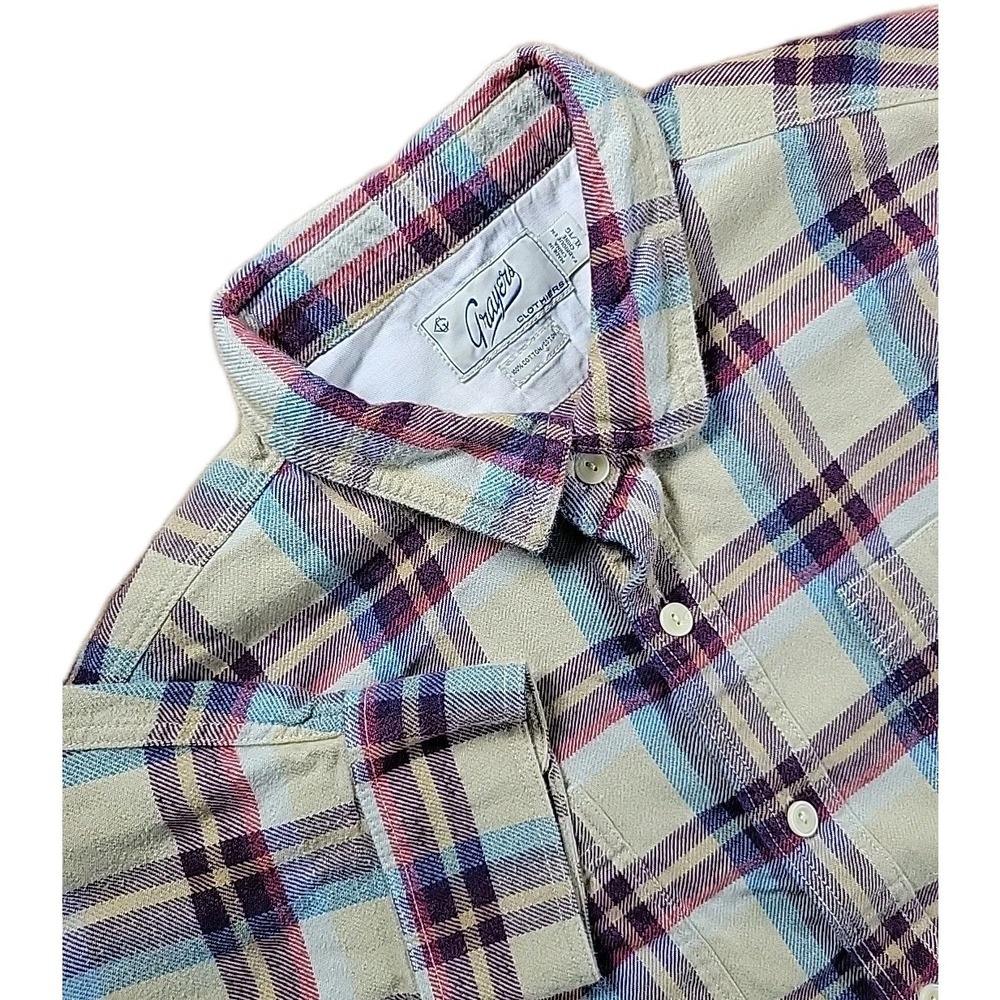 Grayers Clothiers Flannel Shirt XLarge TAN Red Plaid Outdoors Long Sleeve Retro